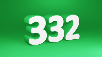 Number 332 in white on green background, isolated number 3d render