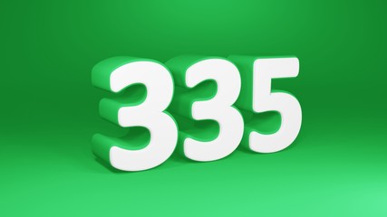 Number 335 in white on green background, isolated number 3d render