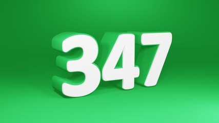 Number 347 in white on green background, isolated number 3d render