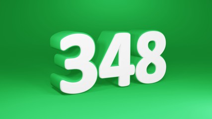 Number 348 in white on green background, isolated number 3d render