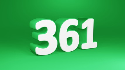 Number 361 in white on green background, isolated number 3d render