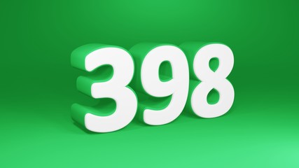 Number 398 in white on green background, isolated number 3d render