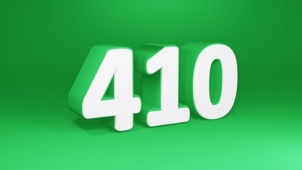 Number 410 in white on green background, isolated number 3d render