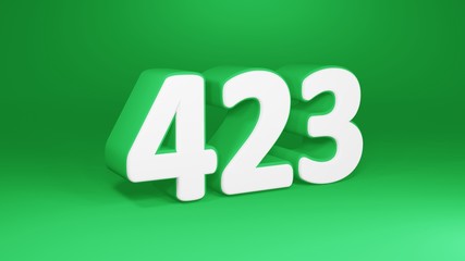 Number 423 in white on green background, isolated number 3d render
