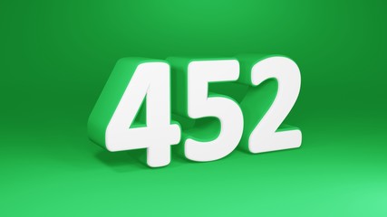 Number 452 in white on green background, isolated number 3d render