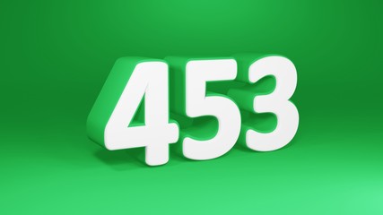 Number 453 in white on green background, isolated number 3d render