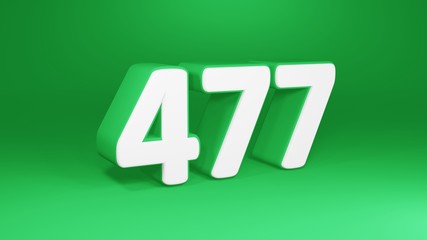 Number 477 in white on green background, isolated number 3d render