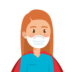 super female paramedic with face mask and hero cloak vector illustration design
