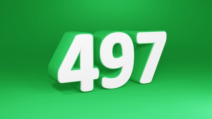 Number 497 in white on green background, isolated number 3d render