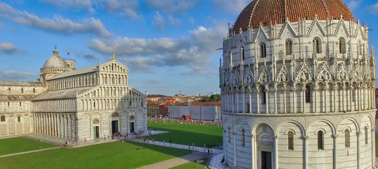 Pisa, Italy. Panoramic aerial view of Field of Miracles. Tuscany town on a sunny summer day