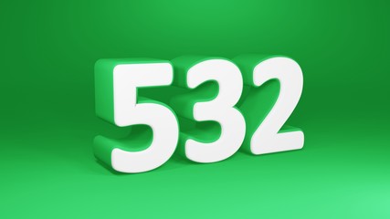Number 532 in white on green background, isolated number 3d render