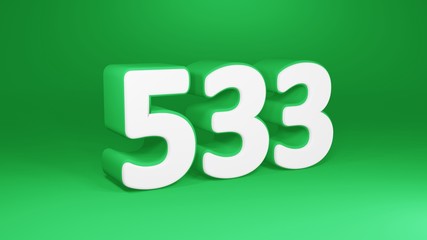 Number 533 in white on green background, isolated number 3d render