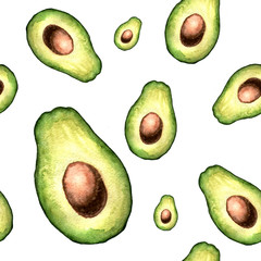 Seamless watercolor pattern with avocado on white background. Pattern for textiles, packaging, printing, design, wrapping paper.	
