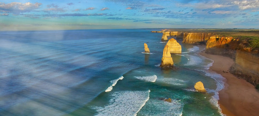 The Twelve Apostles at sunset, Port Campbell National Park, Australia. Aerial view from drone