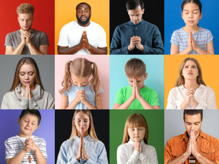 Set of praying people on color background