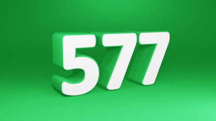 Number 577 in white on green background, isolated number 3d render