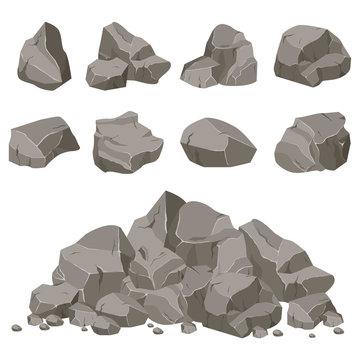 Rock stone set cartoon. Stones of various shapes. Rocks and debris of the mountain. A huge block of stones. Stone shard
