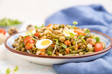 Mung bean porridge with quail eggs, tomatoes and microgreen sprouts on a white concrete background. Side view, selective focus.