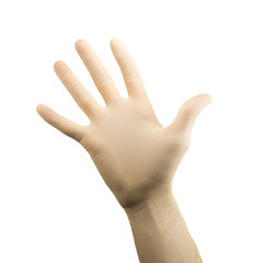 hand in latex protective surgical glove shows five, palm isolated on white background, protection from a virus