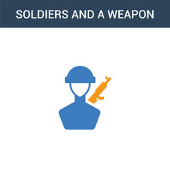 two colored Soldiers and a weapon concept vector icon. 2 color Soldiers and a weapon vector illustration. isolated blue and orange eps icon on white background.