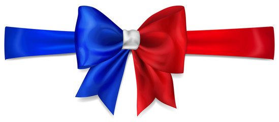 Big bow made of ribbon in France flag colors with shadow on white background