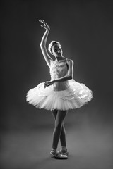 Fototapeta premium Portrait of ballerina in tutu and pointe shoes making a beautiful pose. Black and white photography. Graceful ballet dancer or classic ballerina dancing isolated on grey studio background. 
