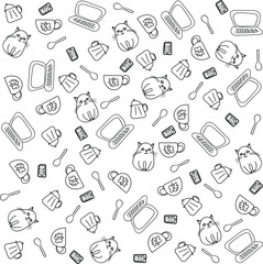 Stay home pattern doodle painting with cat, notebook, mobile devise, tea pot, coffee pot, cups and spoon. Seamless vector pattern in black isolated on white with getting stuck at home stuff
