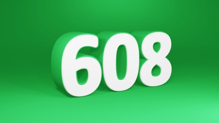 Number 608 in white on green background, isolated number 3d render