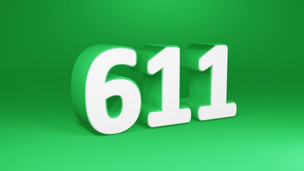 Number 611 in white on green background, isolated number 3d render