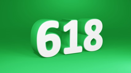 Number 618 in white on green background, isolated number 3d render