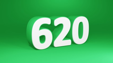 Number 620 in white on green background, isolated number 3d render