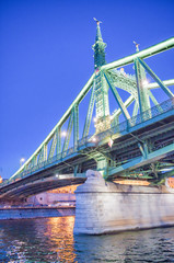 Freedom Bridge at night in Budapest, Hungary