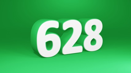 Number 628 in white on green background, isolated number 3d render