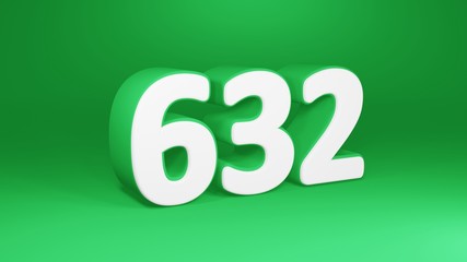 Number 632 in white on green background, isolated number 3d render