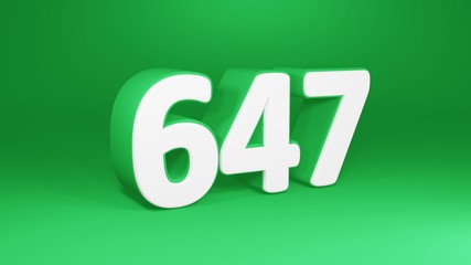 Number 647 in white on green background, isolated number 3d render