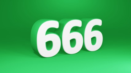 Number 666 in white on green background, isolated number 3d render