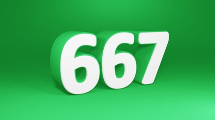 Number 667 in white on green background, isolated number 3d render