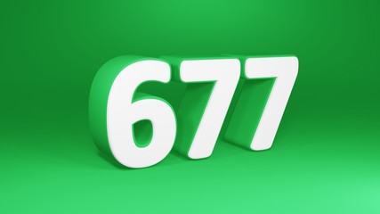 Number 677 in white on green background, isolated number 3d render