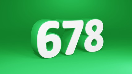 Number 678 in white on green background, isolated number 3d render