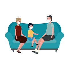 Obraz premium campaign stay at home with family using face mask in living room vector illustration design