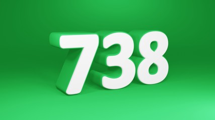 Number 738 in white on green background, isolated number 3d render