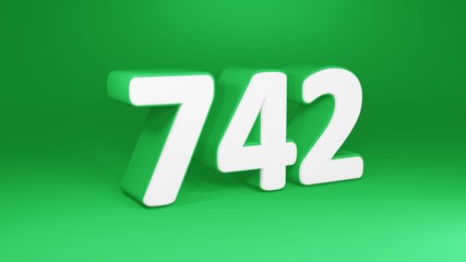 Number 742 in white on green background, isolated number 3d render