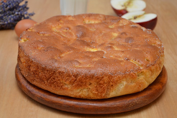 homemade apple pie with cinnamon appetizing baking Charlotte pie on a wooden board close-up 