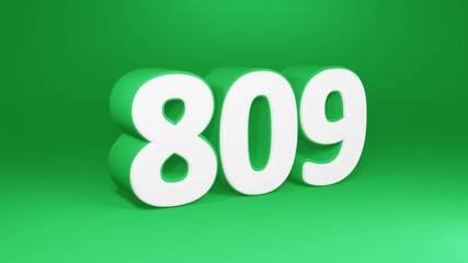 Number 809 in white on green background, isolated number 3d render