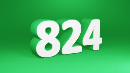 Number 824 in white on green background, isolated number 3d render