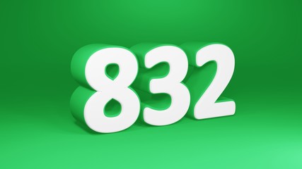 Number 832 in white on green background, isolated number 3d render