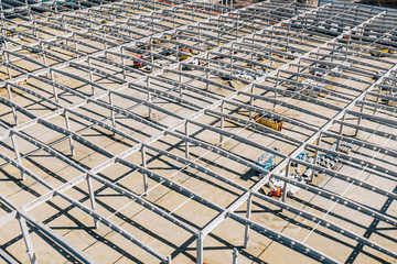 Industrial construction on site of new warehouse factory buildings.
Concrete beams, girders