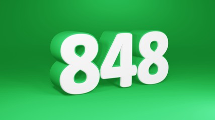 Number 848 in white on green background, isolated number 3d render