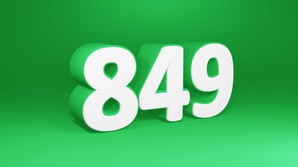 Number 849 in white on green background, isolated number 3d render