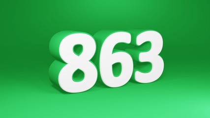 Number 863 in white on green background, isolated number 3d render